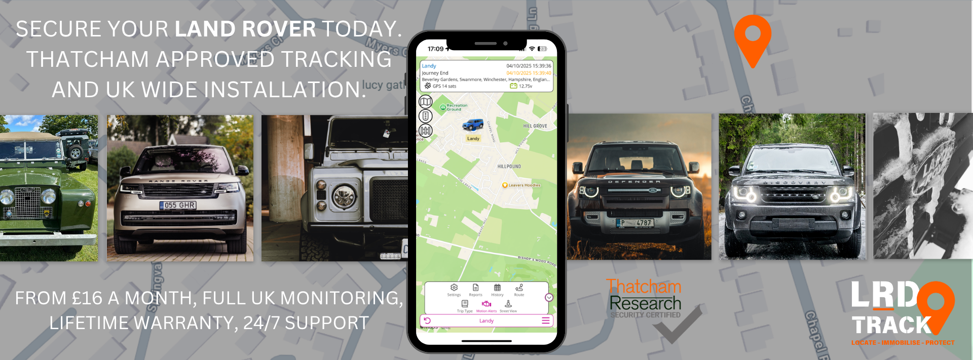 All Land Rover models displayed over a map with the track manager app and branding for LRD Track