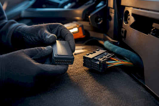 Technician examining vehicle tracking module