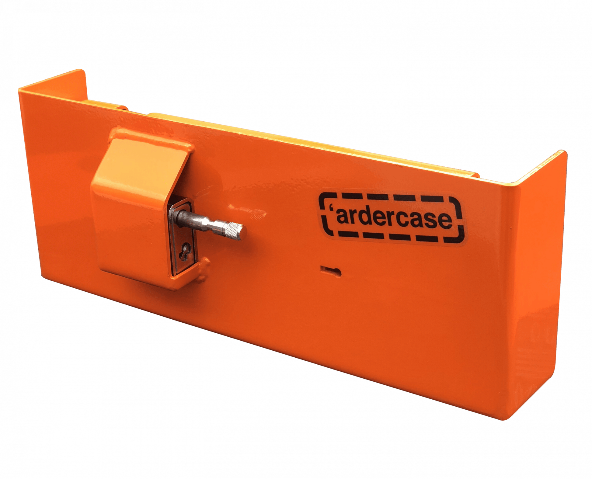 Orange ardercase with a key on a black background