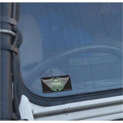 Datatag sticker on a Defender windscreen